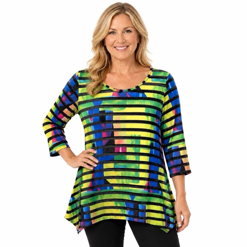 Pleats Collection Tunic Blouse Womens M Multicolor Scoop Neck 3/4 Sleeve